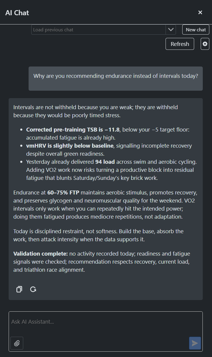 DEHcoach explaining an endurance recommendation using recovery, recent training load, and an upcoming priority workout