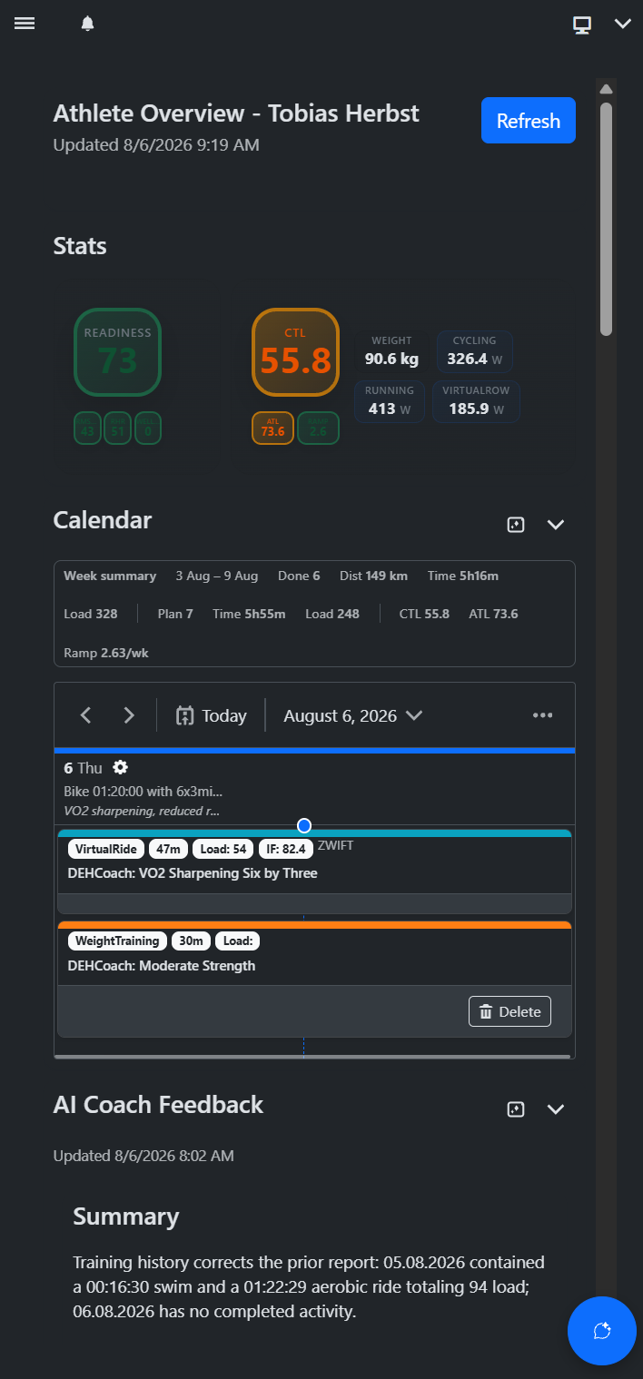 DEHcoach mobile view showing today's recommended workout, readiness, and coaching explanation